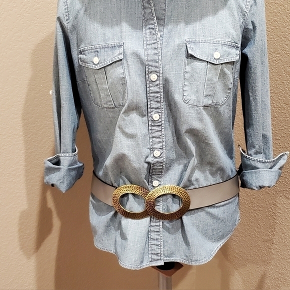 CHICOS ADJUSTABLE METALLIC WIDE LEATHER BELT DOUBLE HAMMERED METAL BUCKLE WOMEN - Picture 2 of 12